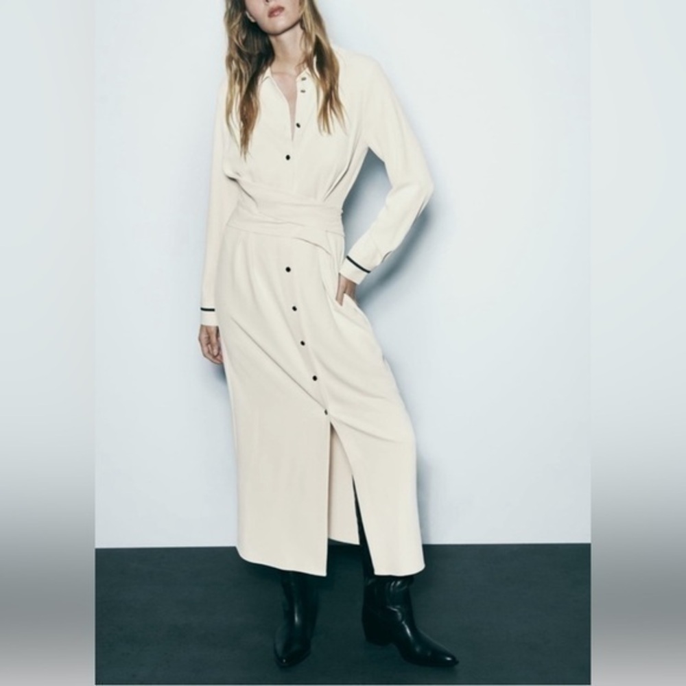 Zara Belted Shirt Dress Women’s M Cream Long Sleeve Button Front